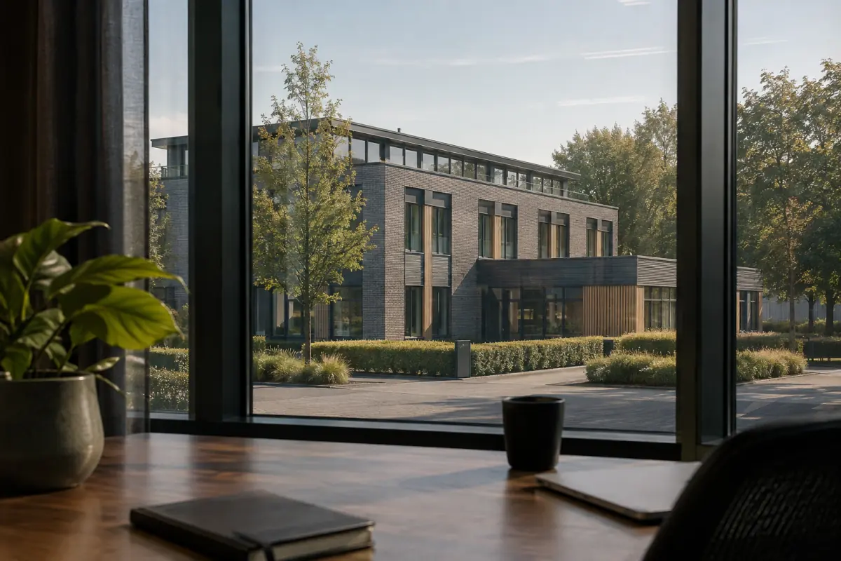 Gegenereerde illustratie van een rustige kantoorruimte met uitzicht op zakelijk vastgoed.