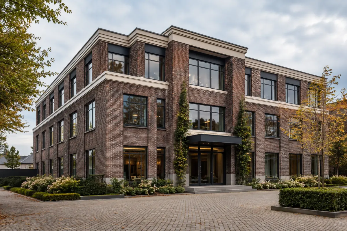 Gegenereerde illustratie van een bakstenen bedrijfsgebouw met drie verdiepingen en een groene entree.