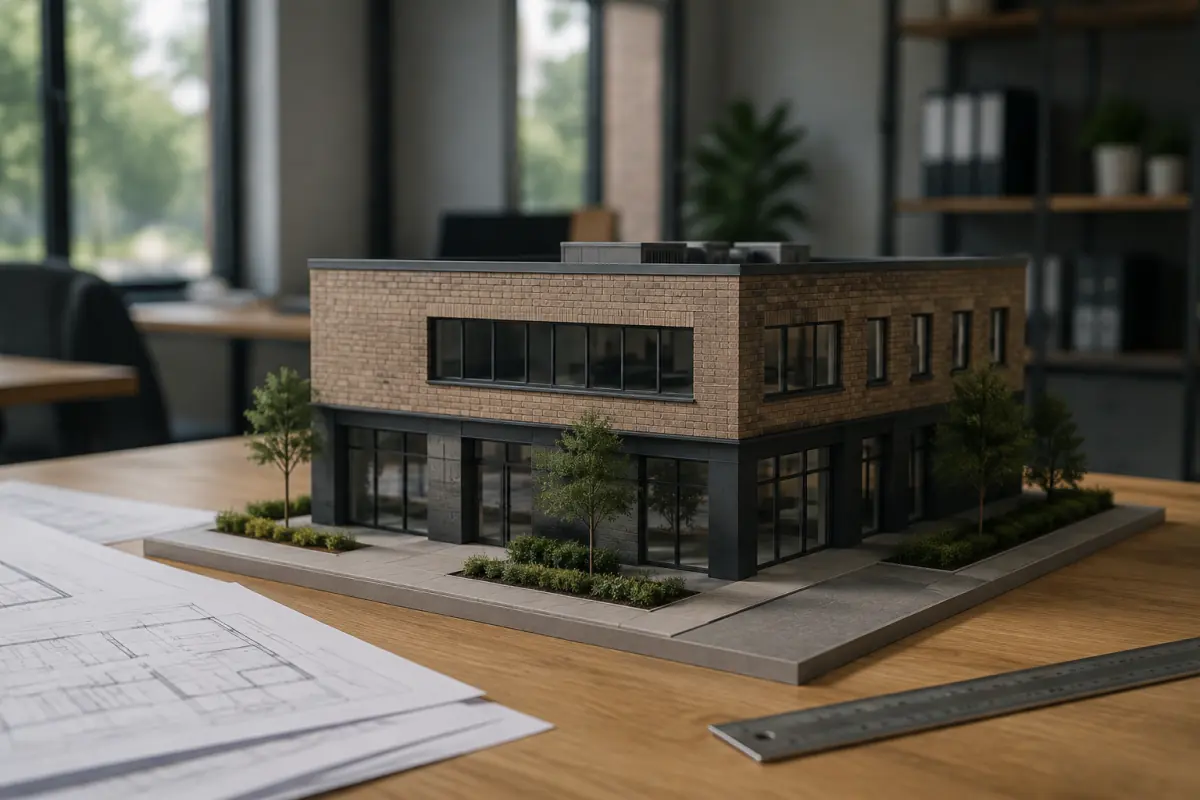 Gegenereerde illustratie van een maquette van een bedrijfsgebouw op een tafel met bouwtekeningen.