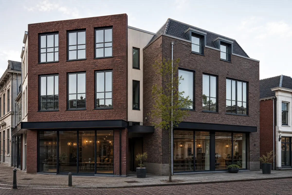 Gegenereerde illustratie van twee bakstenen panden met bedrijfsruimten aan een Nederlandse straat.